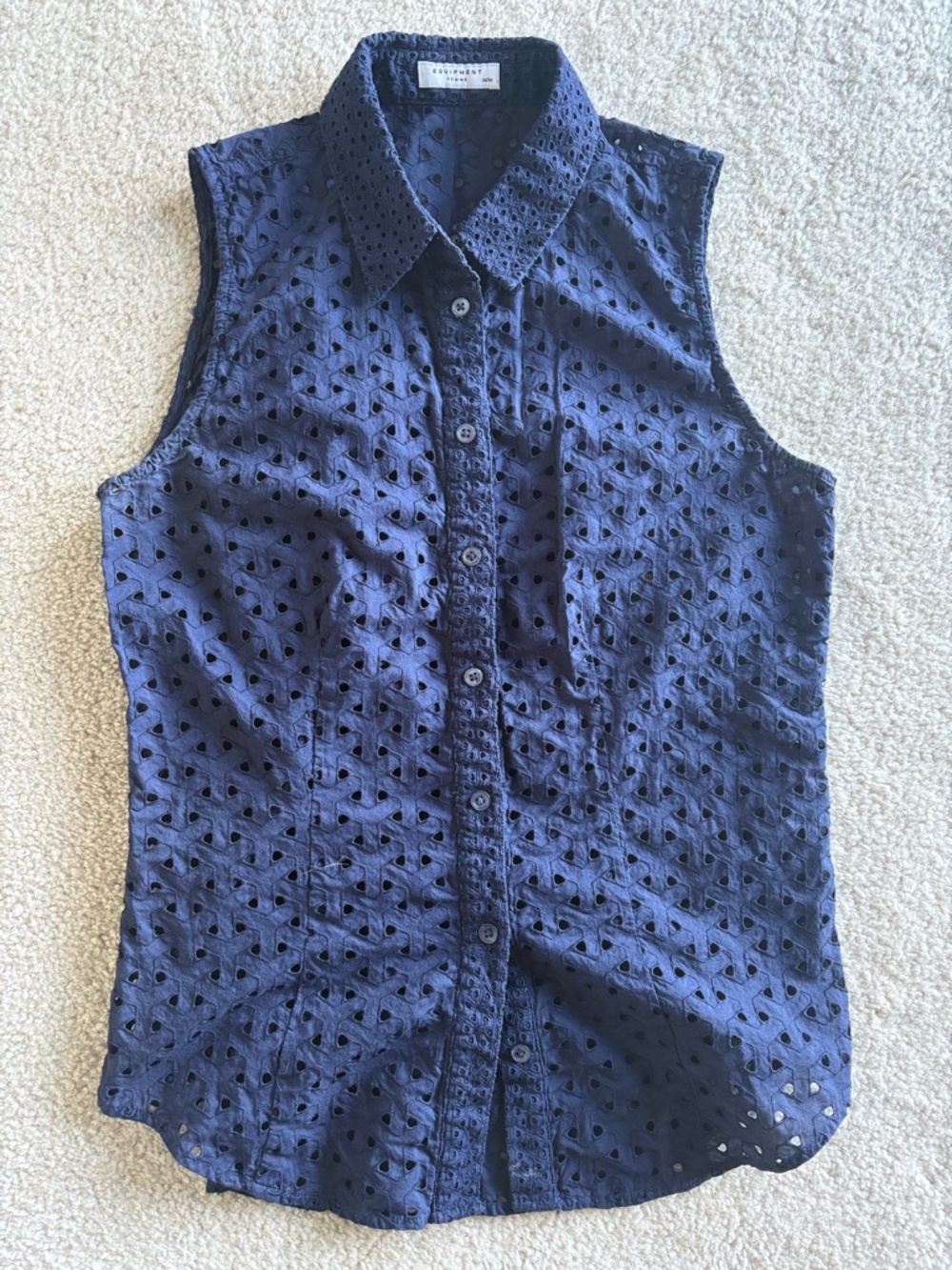 Equipment Navy Eyelet Button-Front Sleeveless Top